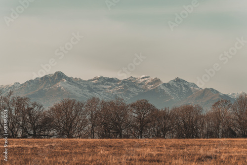 Winter Mountains with snow, panorama view from Baraggia di Candelo, Biella Italy