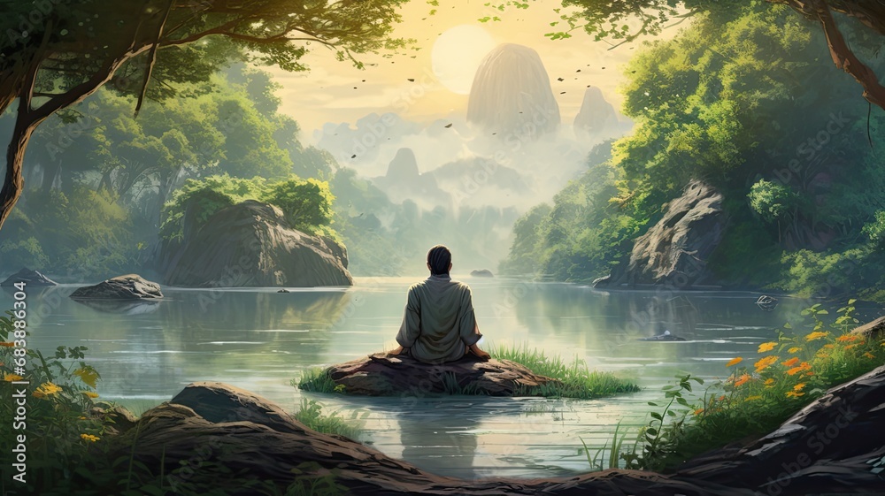 Visualize a picturesque lakeshore with a person in a meditation pose, surrounded by water, greenery, and perhaps a gentle breeze, emphasizing the meditative quality of the scene