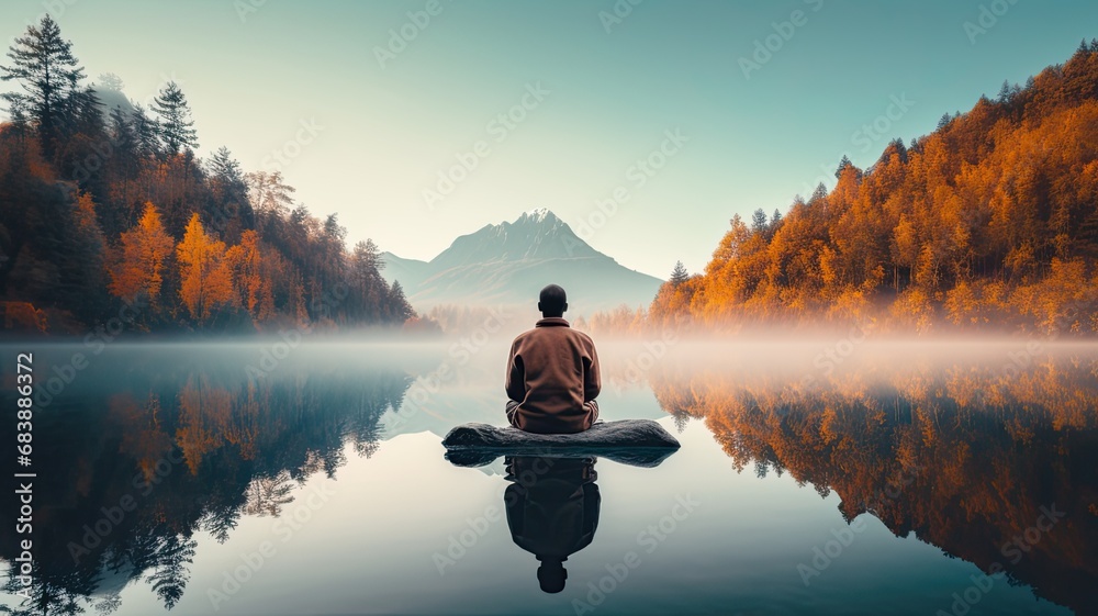 An image of someone sitting by a calm lake, with their reflection mirrored in the tranquil waters, illustrating a serene lakeside retreat for reflection and mindfulness