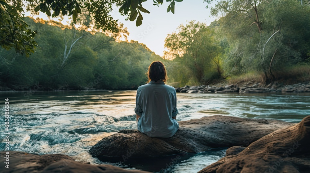 An image of a person sitting on a riverbank, with their feet dipped in the cool, flowing water, experiencing the soothing and meditative qualities of riverside serenity - obrazy, fototapety, plakaty 