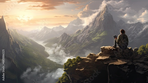 A scene featuring a solitary mountaineer enjoying a cup of tea or coffee while sitting on a mountain ledge, symbolizing the solitude and majesty of high-altitude landscapes