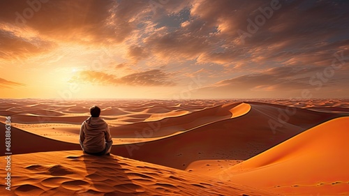 An image of a lone traveler sitting on a sand dune in a desert landscape  watching the shifting sands and experiencing the vastness and silence of the desert