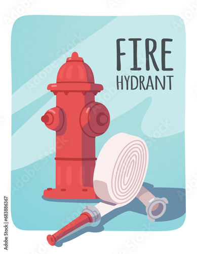 Fire water hydrant with hose sticker. Red hydrant pipe equipment for fire safety and protection. Firefighter emergency tools, fire fighting department service concept flat vector illustration