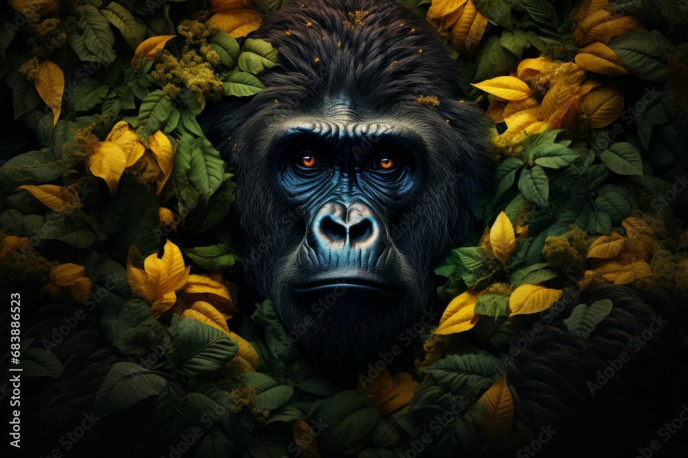 Obraz premium Leafy Gorilla leaves animal. Face safari. Generate Ai