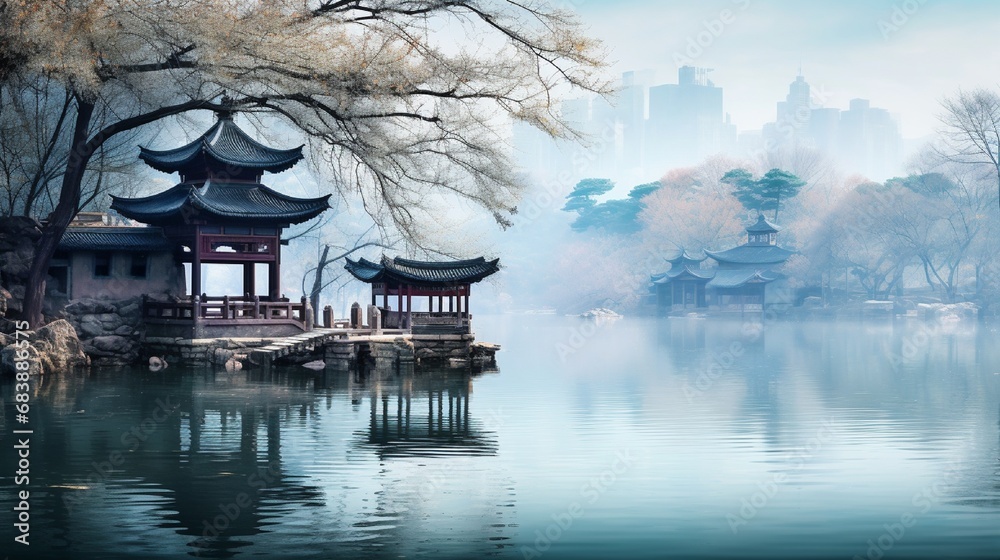 Obraz premium The reflections on the lake's surface seemed like mirrors to another world, where the boundary between reality and its ethereal echo blurred 