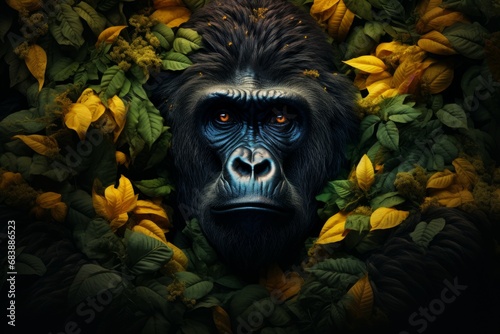 Leafy Gorilla leaves animal. Face safari. Generate Ai