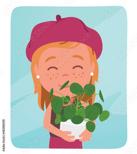 Happy girl kid growing pot plant sticker. Smiling child person holding caring about potted pilea peperomioides houseplant. Floral home decoration, gardening hobby, botany flat vector illustration