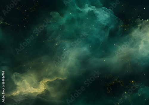 Design of horizontal banner with copy space for text. Abstract green, emerald and gold particle watercolor paint clouds. Vibrant powder exploding dark background. Liquid textured backdrop poster. 