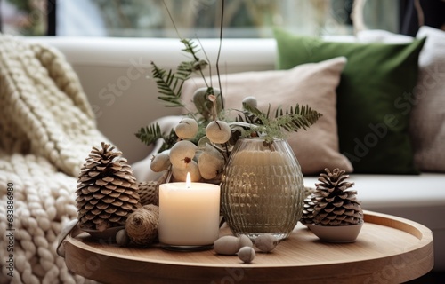beautiful apartment with green and grey christmas decorations