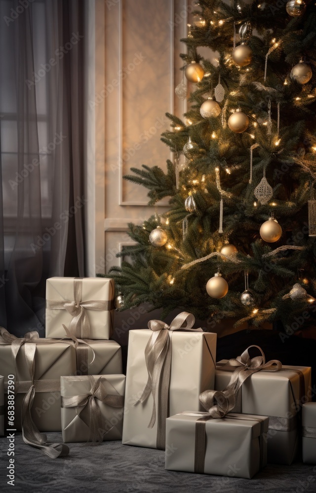 christmas presents next to a christmas tree, christmas presents next to a christmas tree,