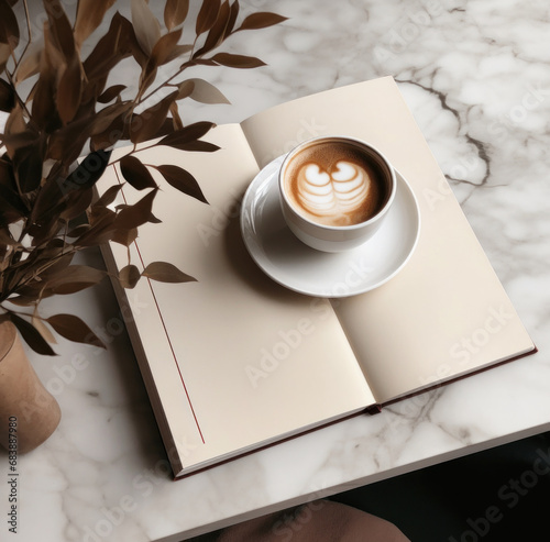 coffee cup with book on wooden table
