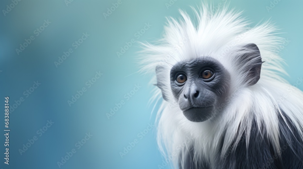 a close up of a monkey with white hair and a black and white coat on it ...