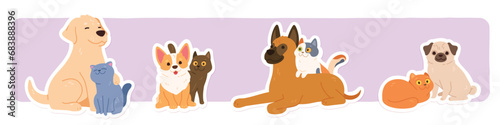Cute cat, dog mammal pet friends stickers set. Funny doggy, kitten domestic animals hugging, sitting together cartoon characters collection. Companions couples friendship flat vector illustration