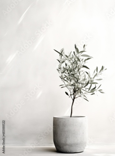 green olive tree in pot on white wall