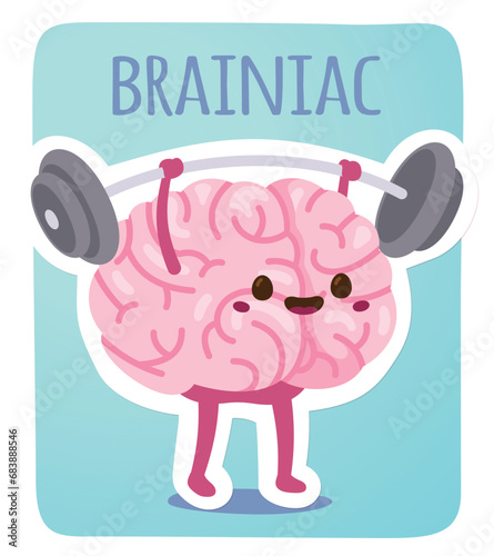 Brain cartoon character lifting weight training. Animated smart healthy human brain sticker. Brainiac genius, intellect, education, mind, knowledge, intelligence concept flat vector illustration