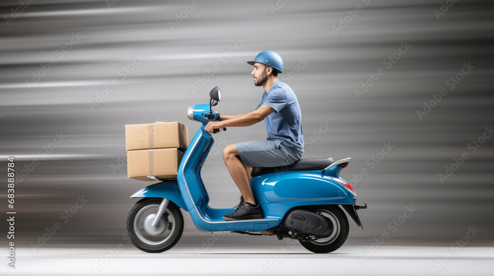 Person on scooter delivering shopping packages orders for customers. Fast and reliable express service. Person on scooter delivering shopping packages orders for customers. Fast and reliable express service.