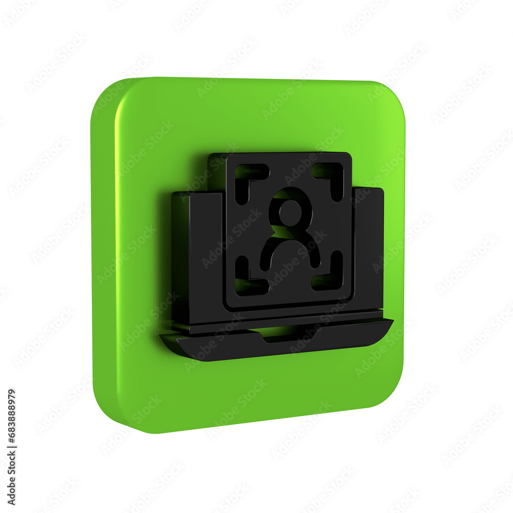 Black Laptop with face recognition icon isolated on transparent background. Face identification scanner icon. Facial id. Cyber security concept. Green square button. Black Laptop with face recognition icon isolated on transparent background. Face identification scanner icon. Facial id. Cyber security concept. Green square button.
