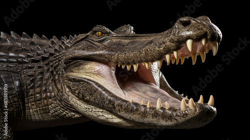 Alligator wide open mouth. Closeup to Crocodile head. animal open mouth isolated dark. generative ai