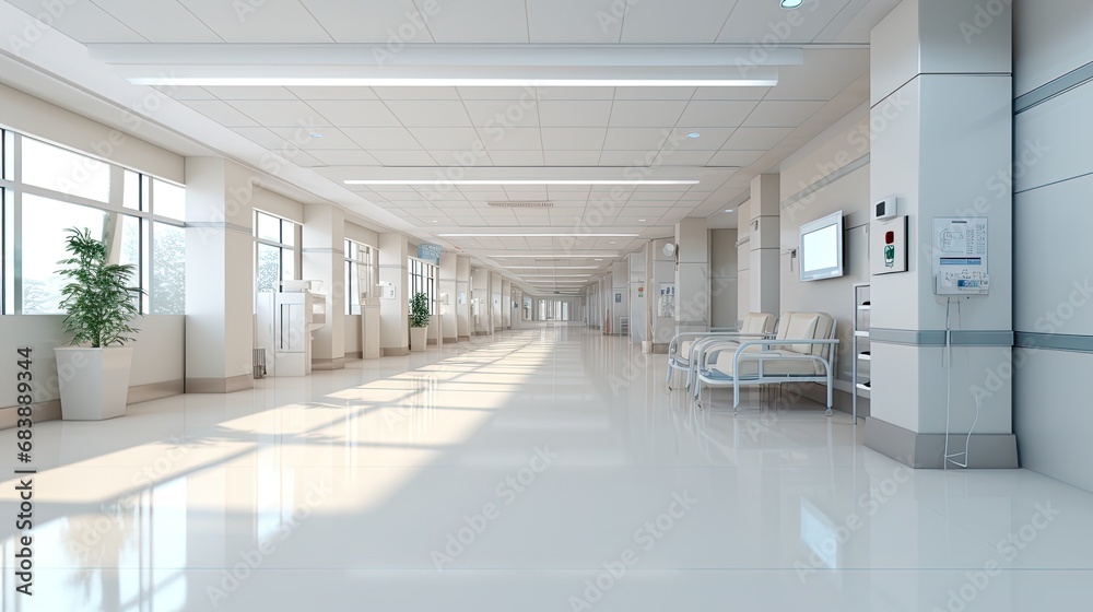 The interior of the inner corridor of the hospital.The concept of healthcare. Generated by AI.