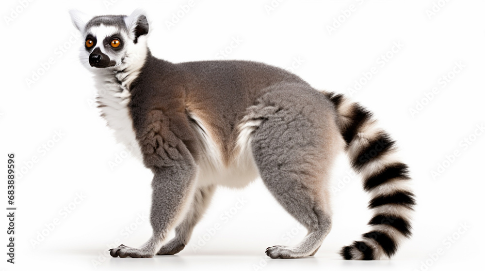 full body Ring-tailed lemur, Lemur catta in front of white background. generative ai