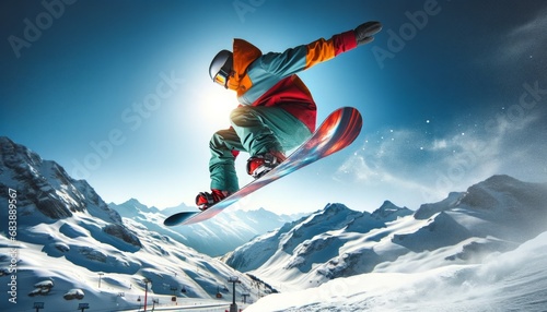 Snowboarder in mid-jump against a blue sky and snowy mountains, wearing bright winter sportswear, in a dynamic aerial trick. 