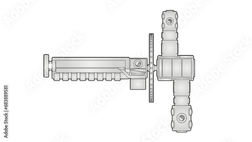 Reciprocating engine and compressor drawing showing a two (2) throw balanced-opposed API-11P frame driven by an 8 cylinder reciprocating internal combustion engine in natural gas service