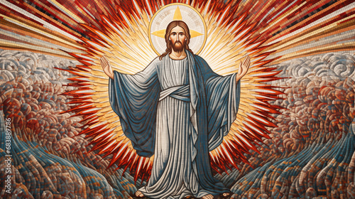 A seamless pattern composed of small, colorful tiles arranged in intricate patterns, creating a mosaic-like effect of a Jesus