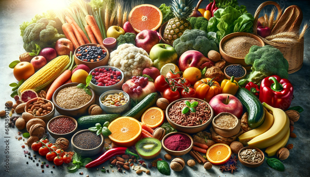 A healthy food selection, showcasing a variety of fresh and nutritious foods.