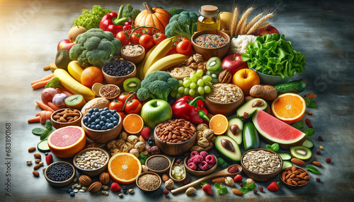 A healthy food selection, showcasing a variety of fresh and nutritious foods.