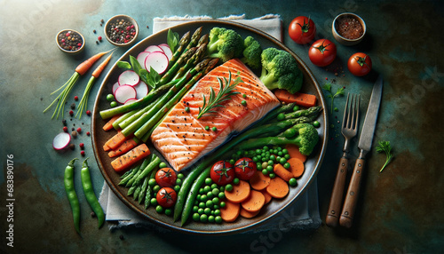 A roasted salmon steak with asparagus, broccoli, carrots, tomatoes, radish, green beans, and peas.