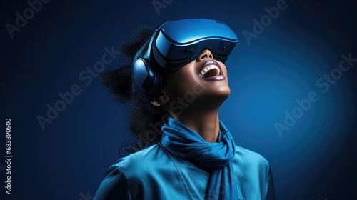 A woman in a vibrant blue shirt is wearing a contemporary VR headset, immersed in a virtual reality experience. © Татьяна Креминская