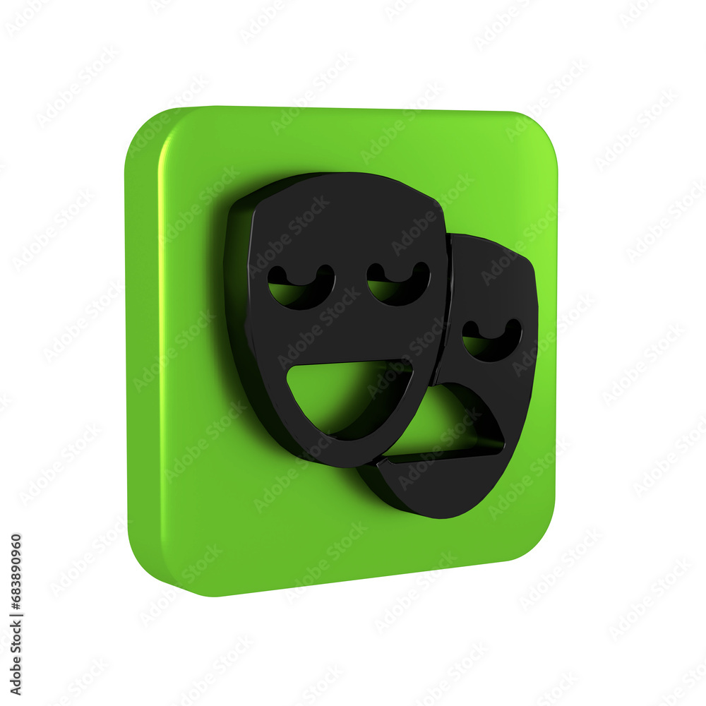 Fototapeta premium Black Comedy and tragedy theatrical masks icon isolated on transparent background. Green square button.