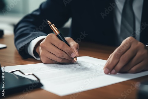 Closeup businessman sign contract or legal document with pen in his hand during corporate meeting for business deal or legal executive decision to pay, Generative AI