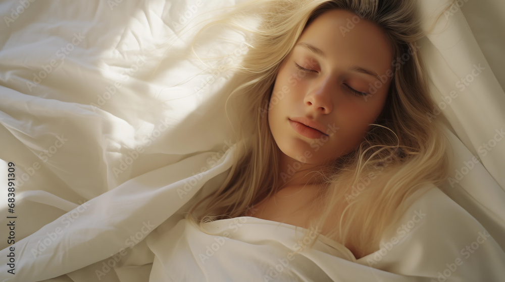 Beautiful woman sleep in bed. Blond hair girl under blanket on pillow. Wake up. Dreaming. Happy morning in bedroom. Cozy and comfortable. Sunlight on bed linen. Pillow, blanket. Relax. Generated AI
