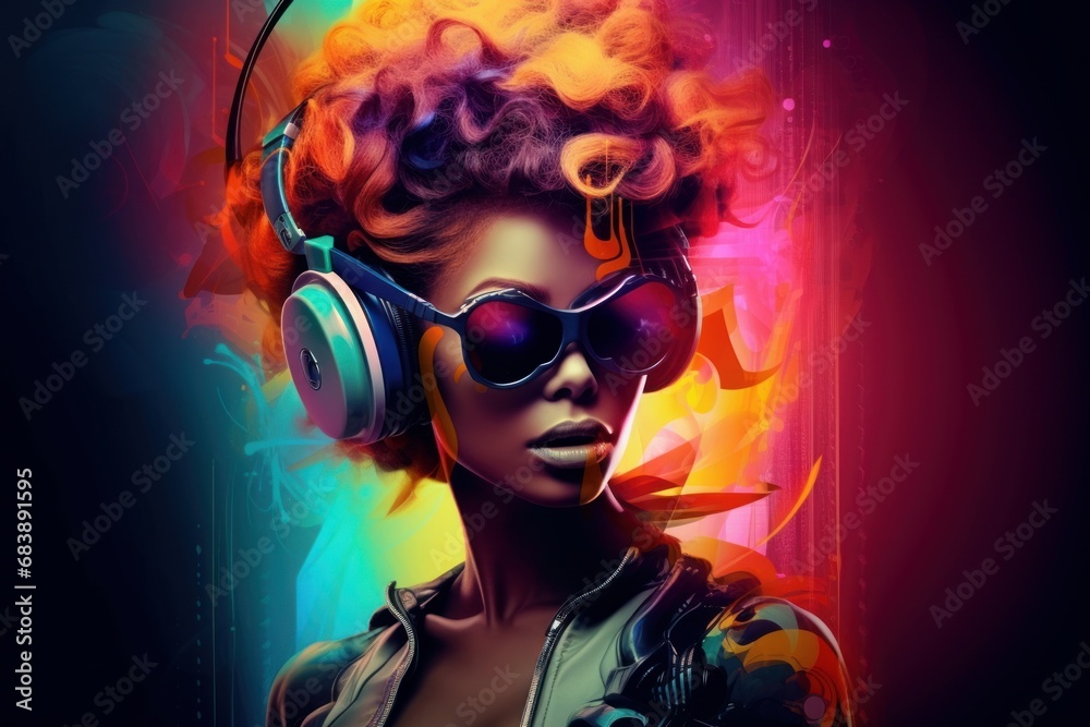 Abstract art in overlapped musician with hairstyle decorated by instrument design. Concept of captivated in exotic music styles with cyberpunk color. Glorious, Generative AI