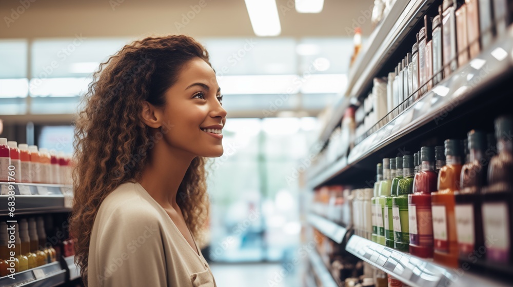 A young woman with glowing skin shopping in a supermarket in profile side angle choosing cosmetics for skin or hair care purposes
