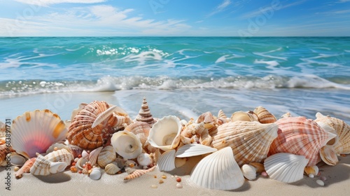 Tropical Vacation with Glistening Seashells on Sandy Beach