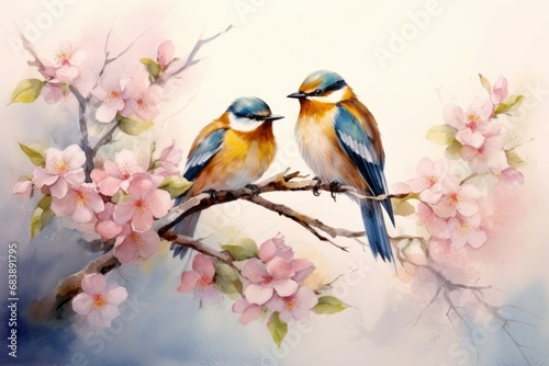 Colorful birds on stick blooming tree with flower in watercolor design artistic. Concept of painting technique isolated on white background in canvas, Generative AI