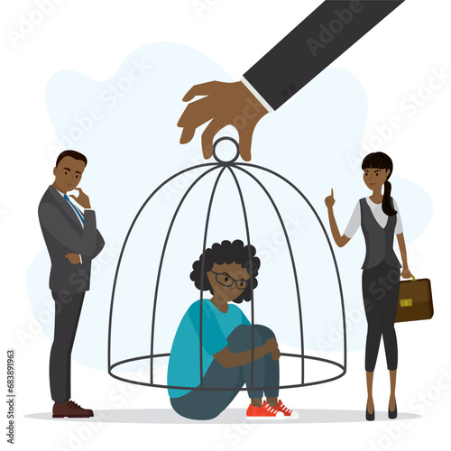 Giant hand locked unhappy african american kid girl in cage. Parents or teachers exert psychological pressure, blaming and restrictions. Domestic violence, abuse. Mental problems,