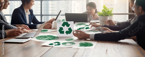 Group of business people planning and discussing on recycle reduce reuse policy symbol in office meeting room. Green business company with eco-friendly waste management regulation, Generative AI photo