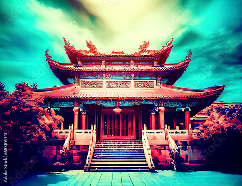 Ancient asian temple in red colors under a dramatic sky - Digital illustration photo