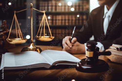 lawyer colleagues preparing for lawsuit or litigation, reading and pointing hand on legal book on desk at library for educational law school concept, decorated with legal symbols, Generative AI photo