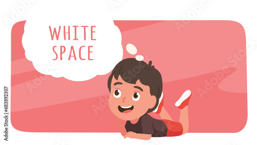 Happy boy kid daydreaming. Cute smiling little person lying, thinking imagining dream. Dreamy child fantasy, daydream imagination, future wish copy space, childhood concept flat vector illustration