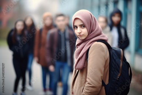 School bullying. Being made to feel like an outcast. Muslim school girl with hijab being bullied at school. School bullying.Teenage problems 