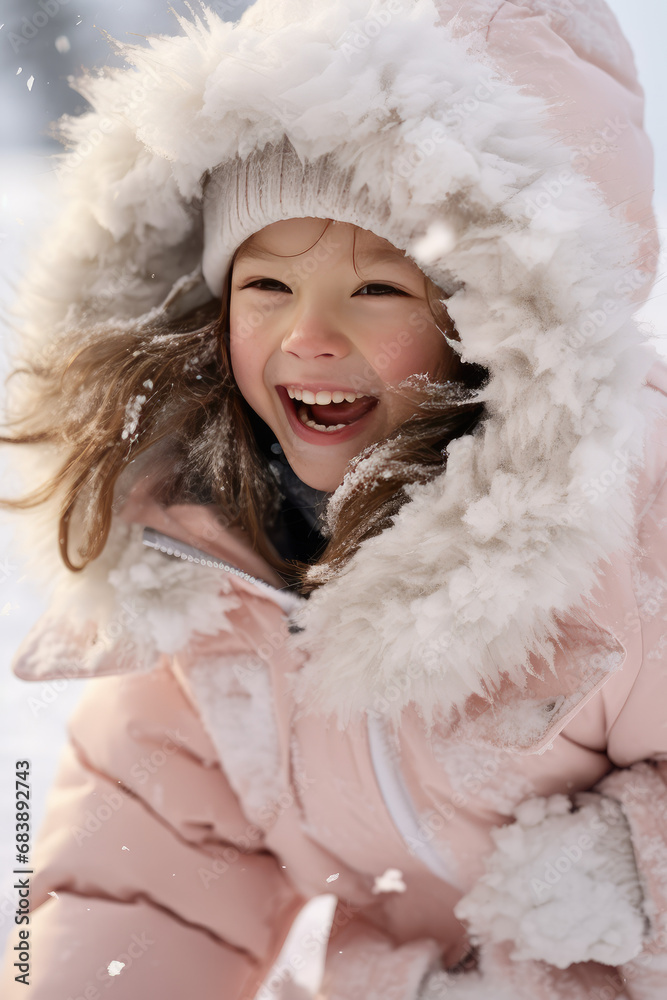 Cute little kids playing in snow in winter outside. Banner for a store of winter warm children clothing, pink jackets and overalls with down insulation, comfortable winter. Cute little kids playing in snow in winter outside. Banner for a store of winter warm children clothing, pink jackets and overalls with down insulation, comfortable winter.