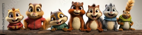 Cheerful Group of Animated Squirrels Posed on Wooden Log © DigitalMuse