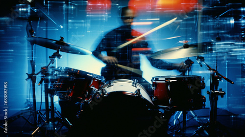 Abstract representation of a drummer immersed in the soulful beats of rhythm and blues, with dynamic visual elements capturing the essence of the genre.