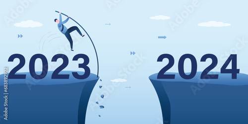 Year 2024 hope, new year resolution or success opportunity, change to new business, overcome business difficulty concept, ambitious businessman jump pole vault