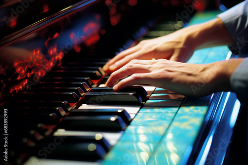Close-up of a pianist's hands creating a symphony on the keys, with abstract patterns reflecting the emotional depth of the music.