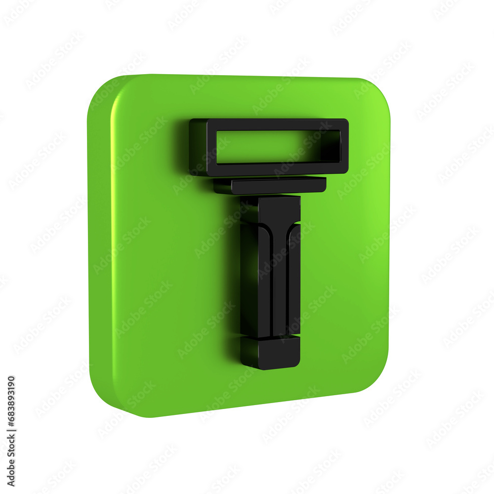 Black Shaving razor icon isolated on transparent background. Green square button.
